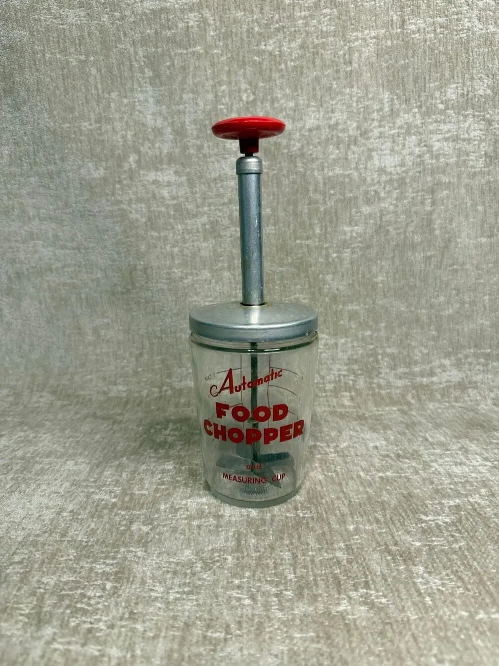 Vintage Antique Automatic Food Chopper & Measuring Cup Glass Manual Hand Push